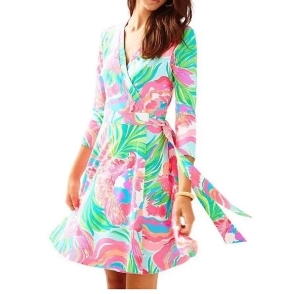 Lilly Pulitzer Emilia Wrap Dress Paradise Bound 3/4 Sleeve Size XS - Picture 3 of 7